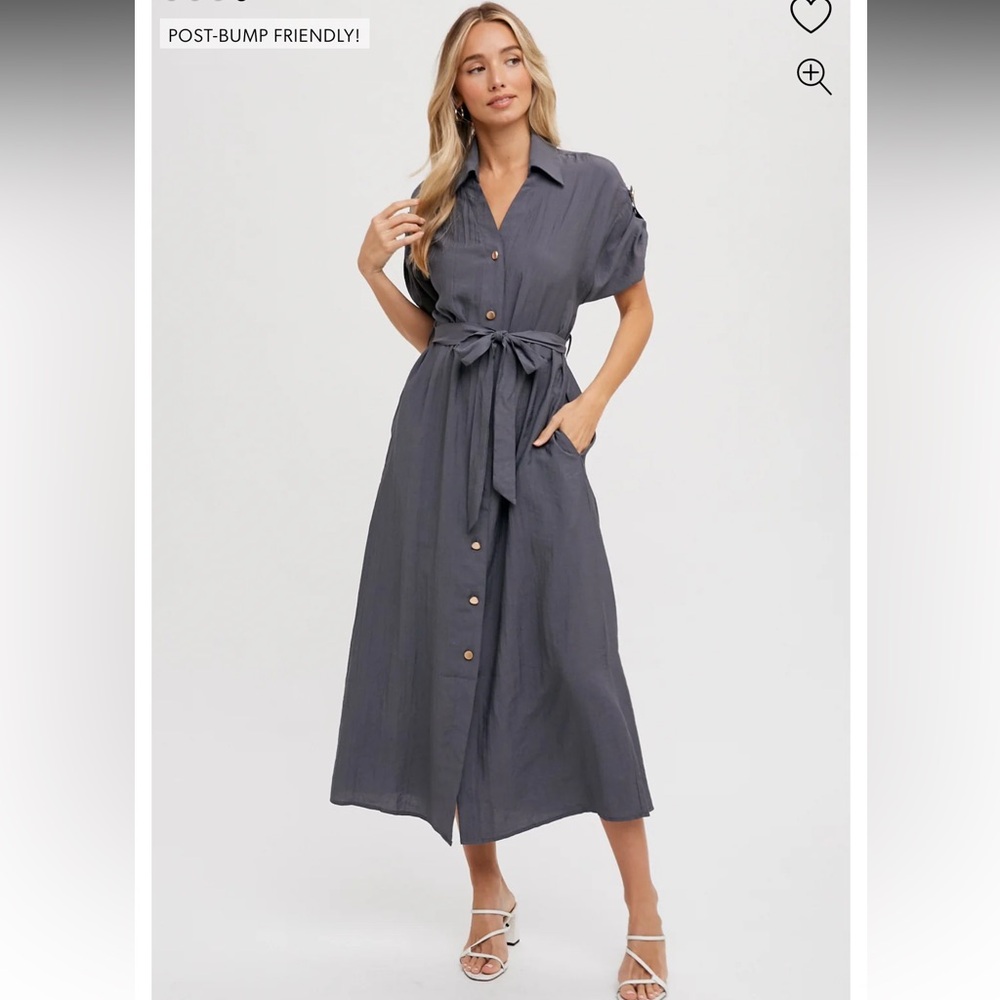 Bluivy Charcoal Button-Front Belted Short Sleeve Midi Dress, size large